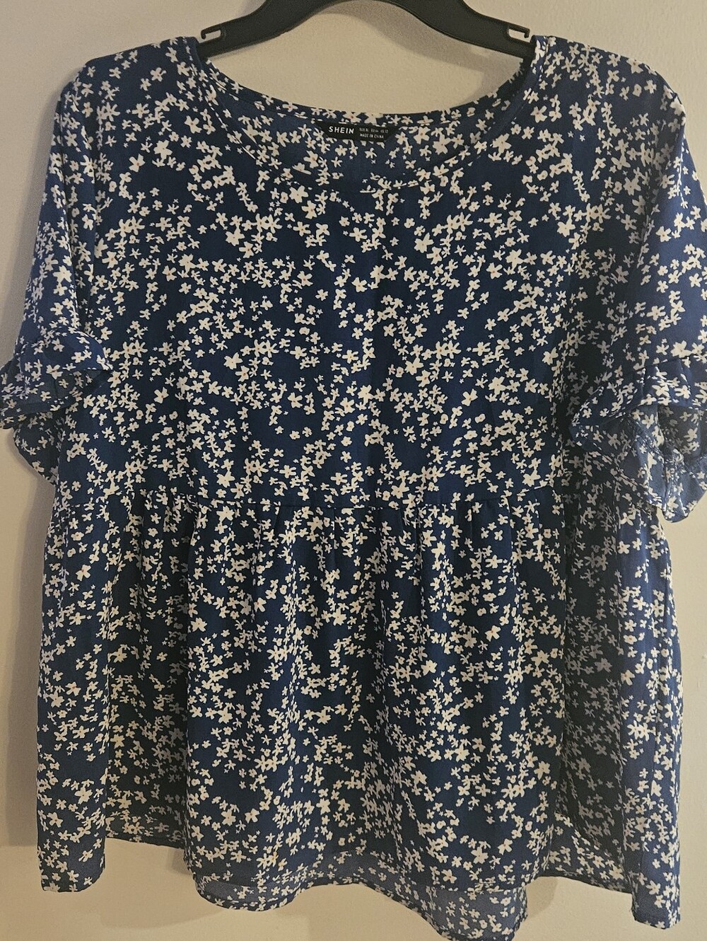 SHEIN Navy Blue Floral Short Sleeve Peplum Tunic
